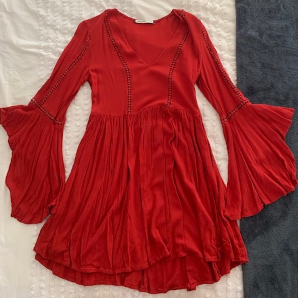 Catch Stitch Red Boho Flare Sleeve Dress, Size S